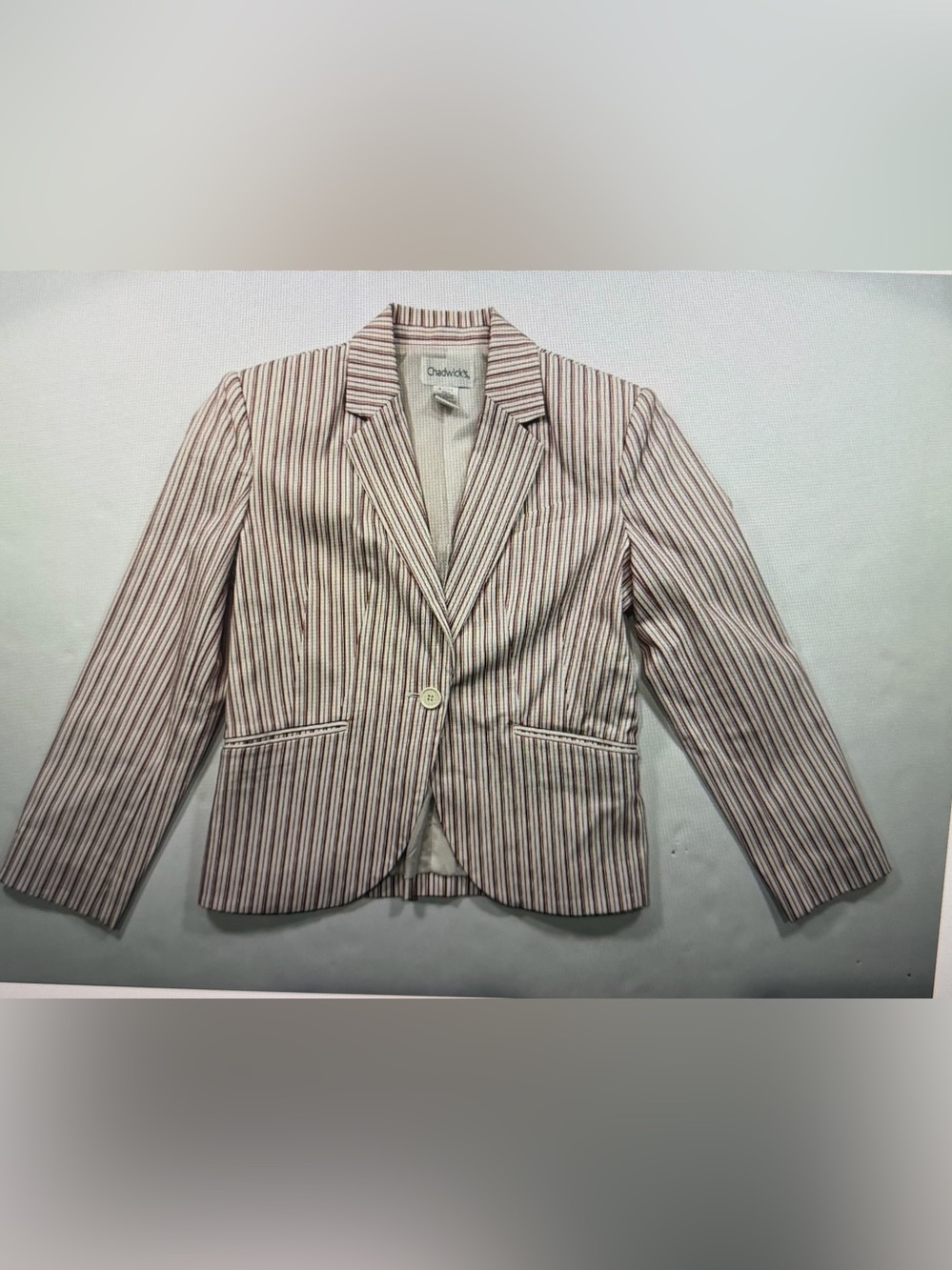 Chadwicks Womens White W/ Stripes Collared Long Sleeve Button-Front Jacket Sz 4P